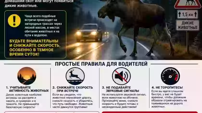 Госавтоинспекция Псковской области предостерегает водителей о возможном выходе животных на дорогу